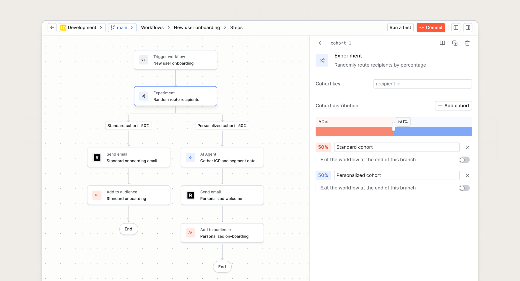 Experiment function for splitting recipients into cohorts in a workflow