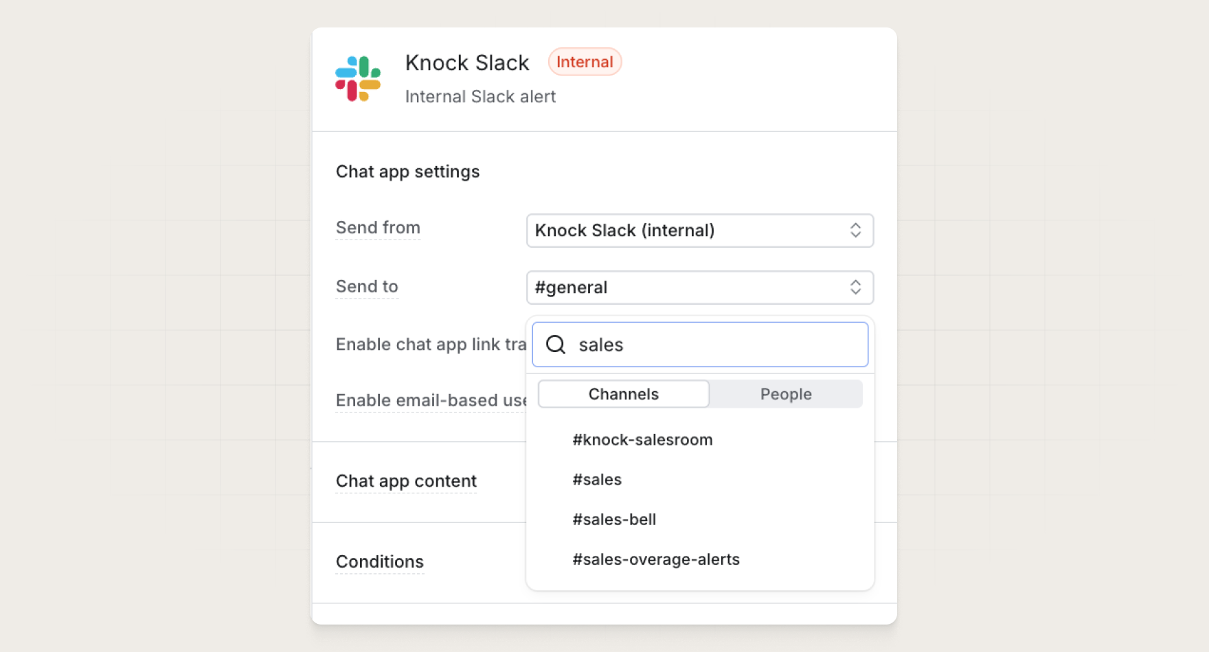 Choosing a Slack channel or person as the Internal Slack destination