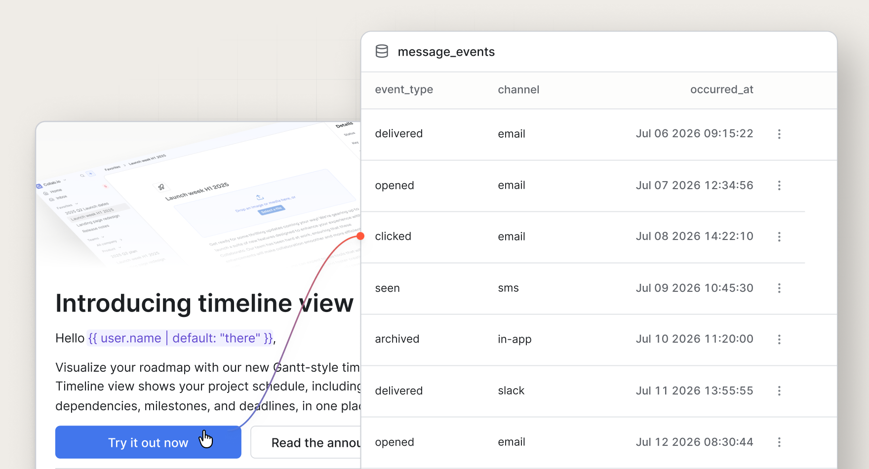 Message events table in the Knock data warehouse sync