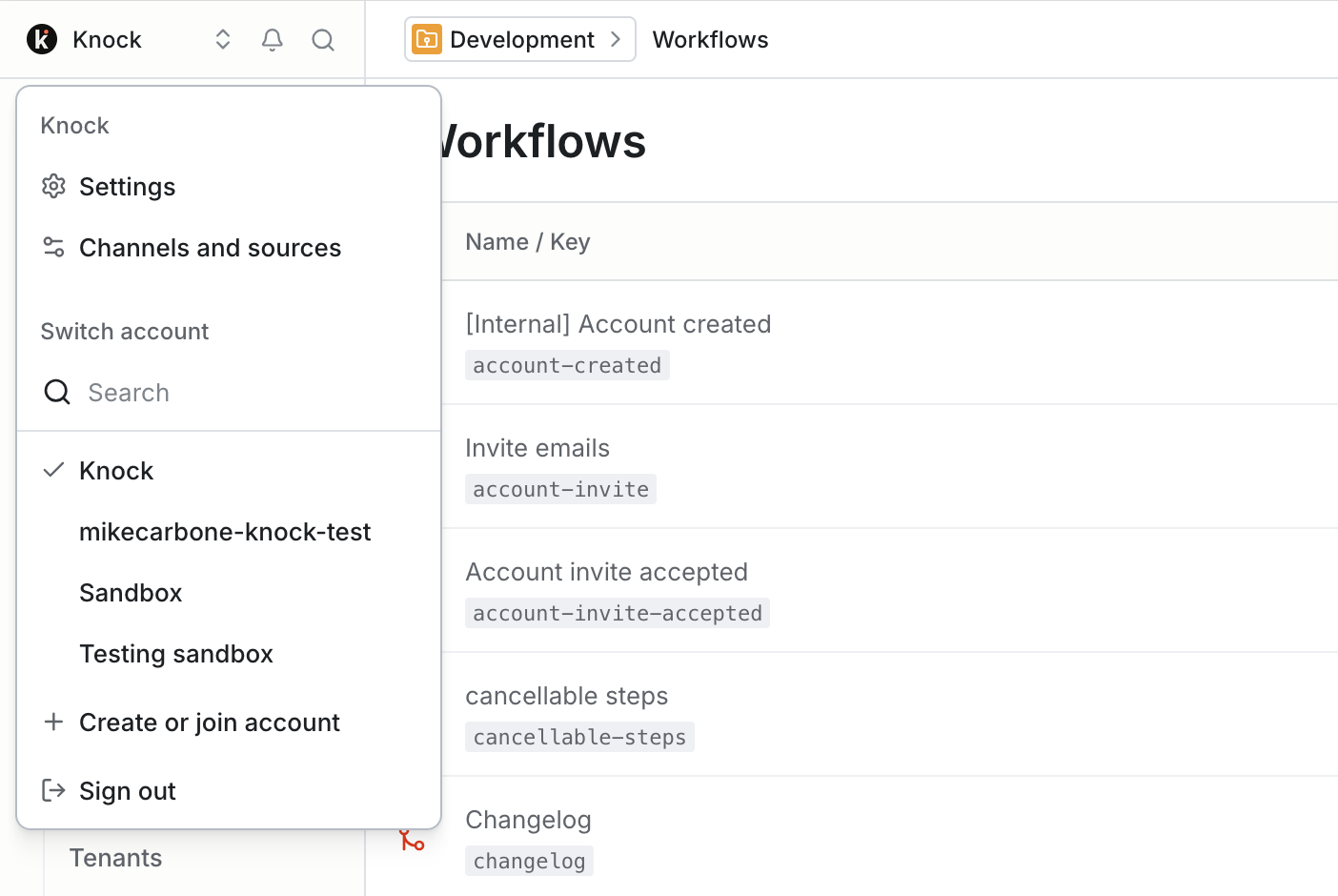 New account dropdown