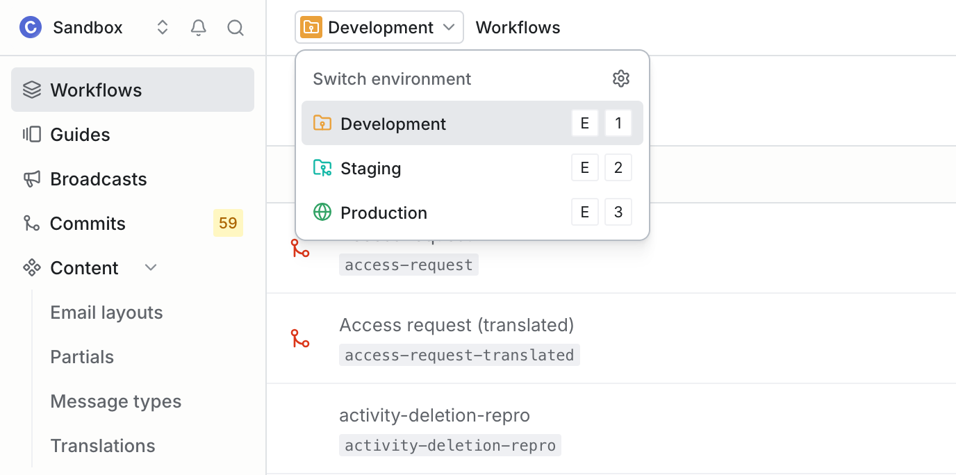 Environment switcher at the top of the dashboard