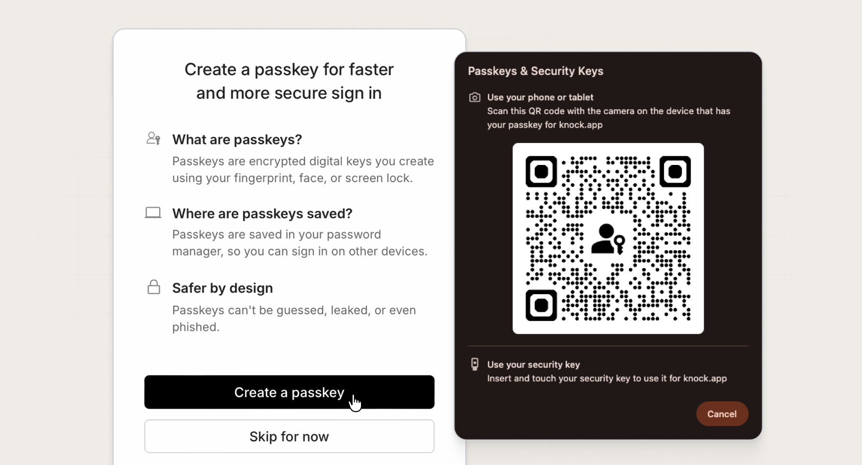 Passkey enrollment and sign-in in the Knock dashboard