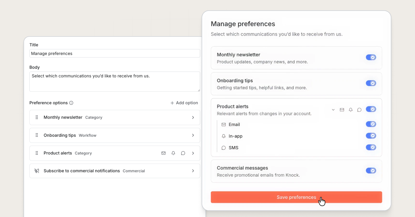 Preference center controls in the Knock dashboard