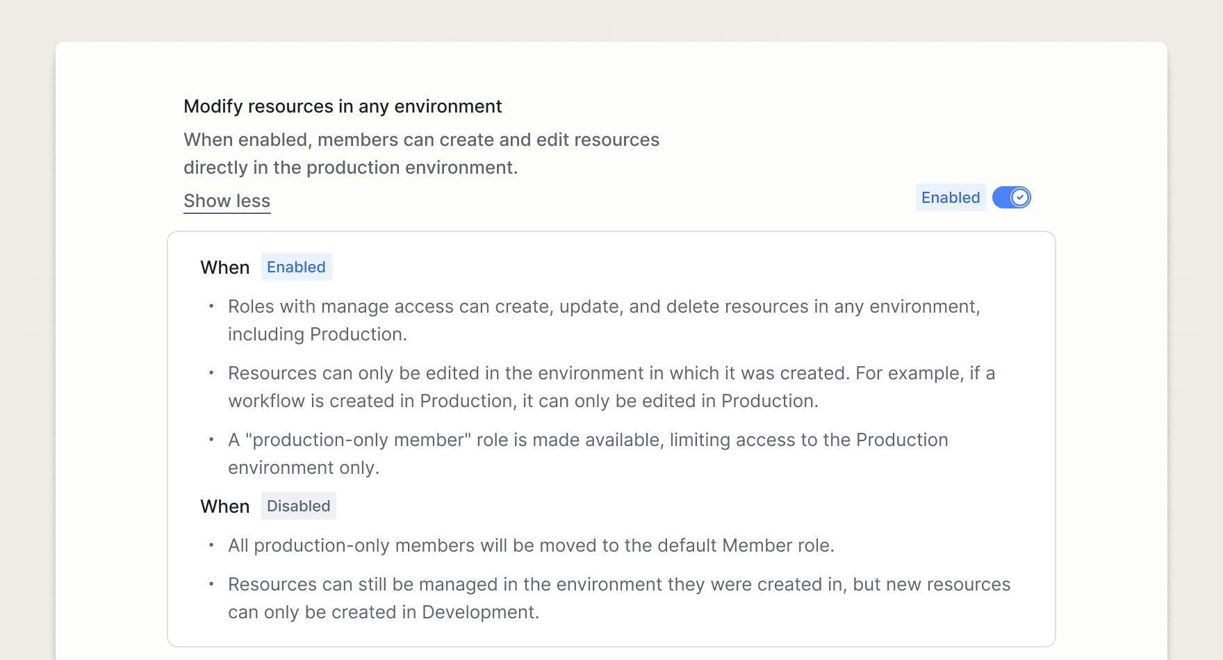 Production write access settings in the Knock dashboard