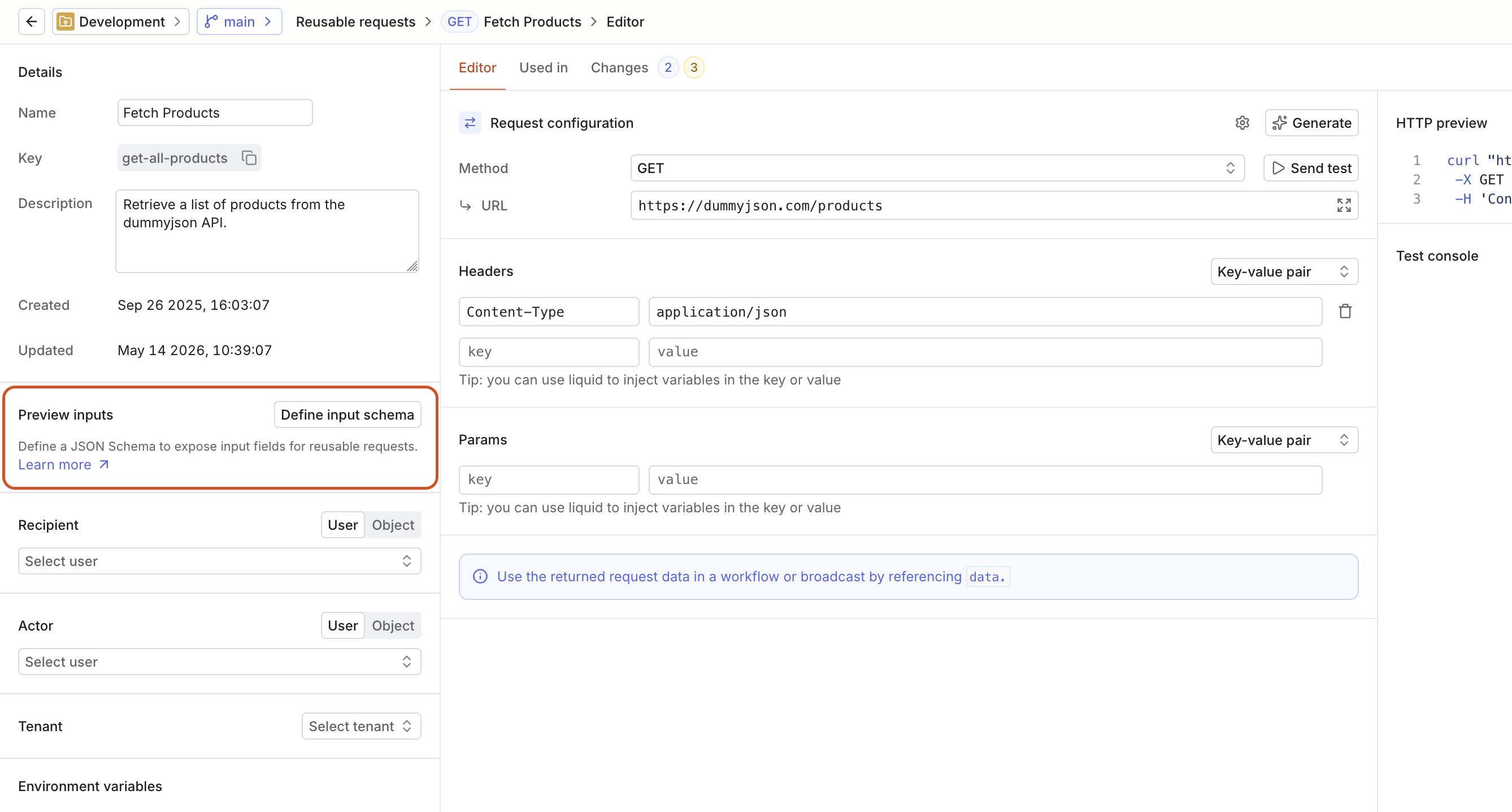 Defining inputs for a reusable request