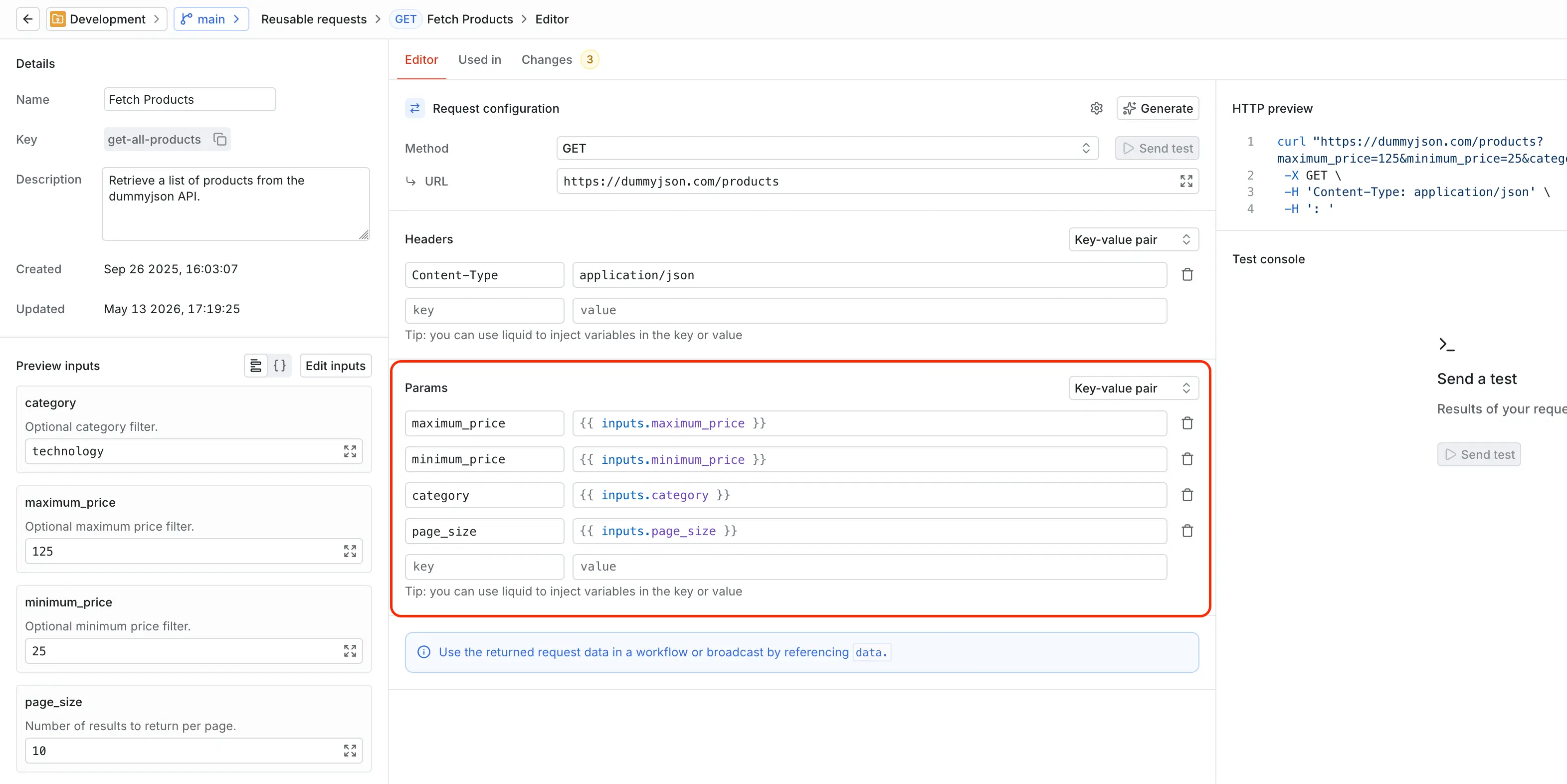 Using values in the request template