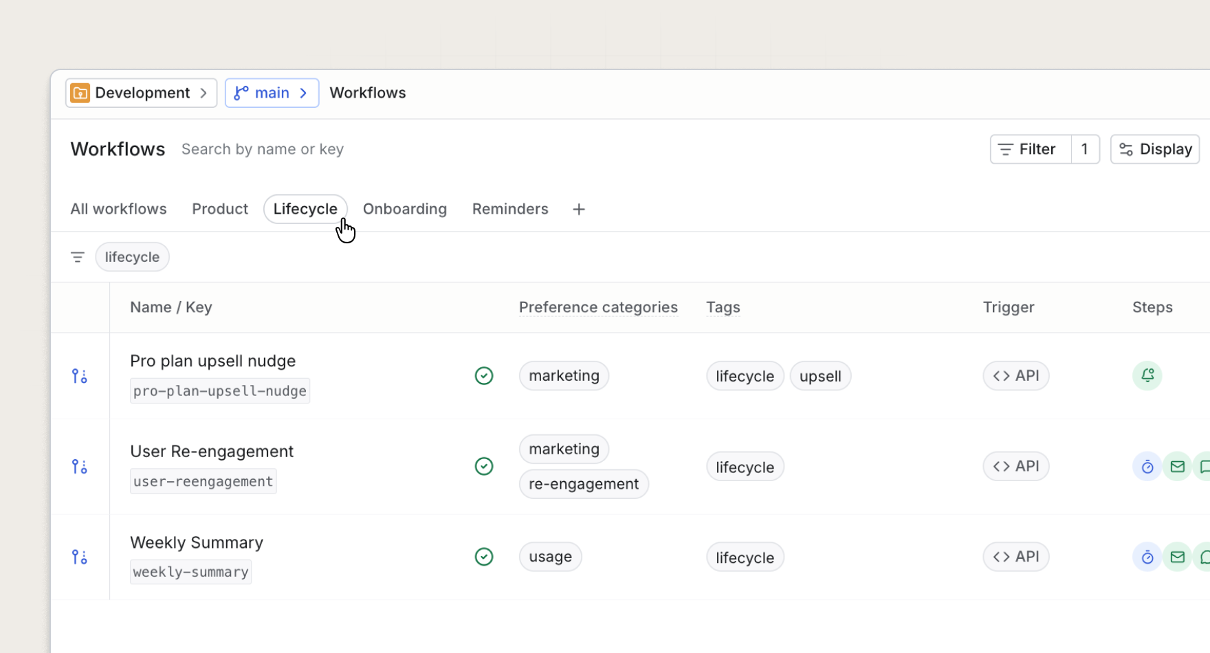 Workflow tags and a saved view in the Knock dashboard