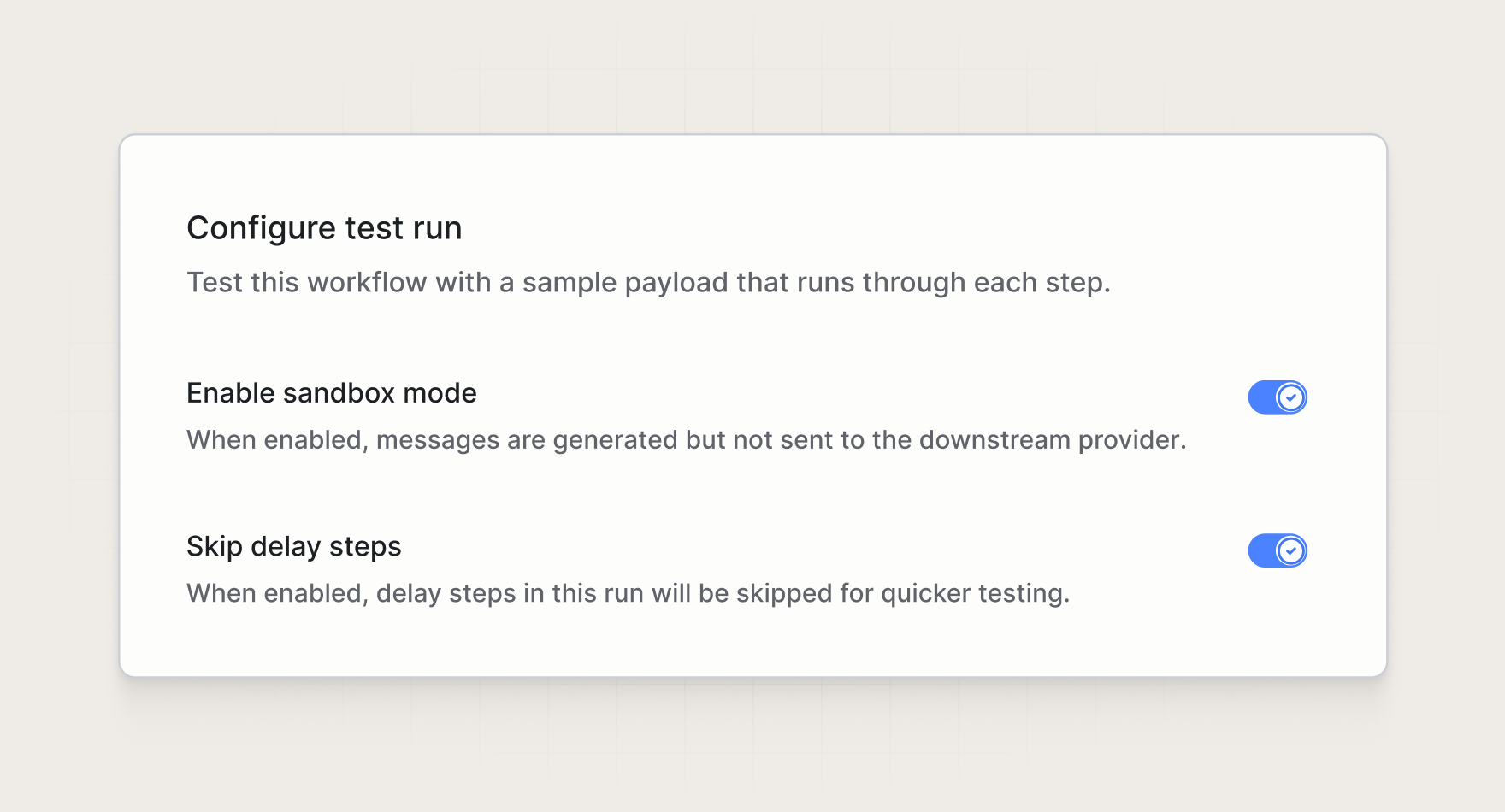 Sandbox mode and skip delays settings in the workflow test runner