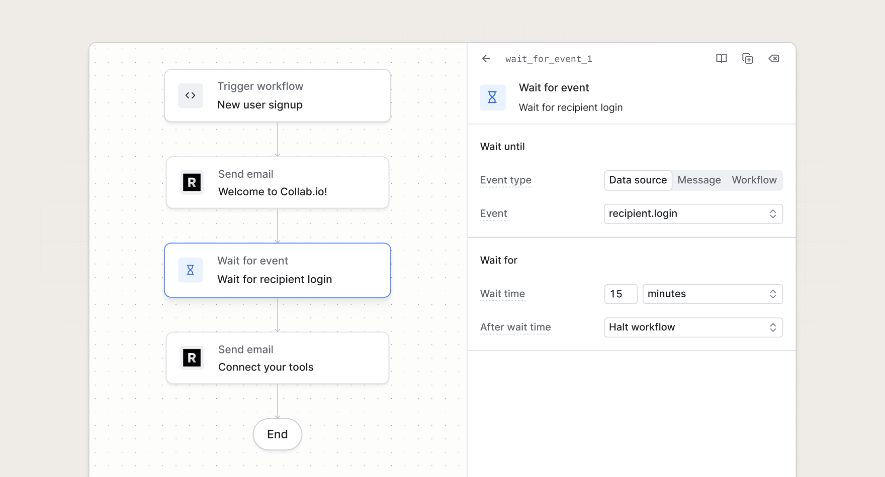 A user onboarding workflow with a wait for event function