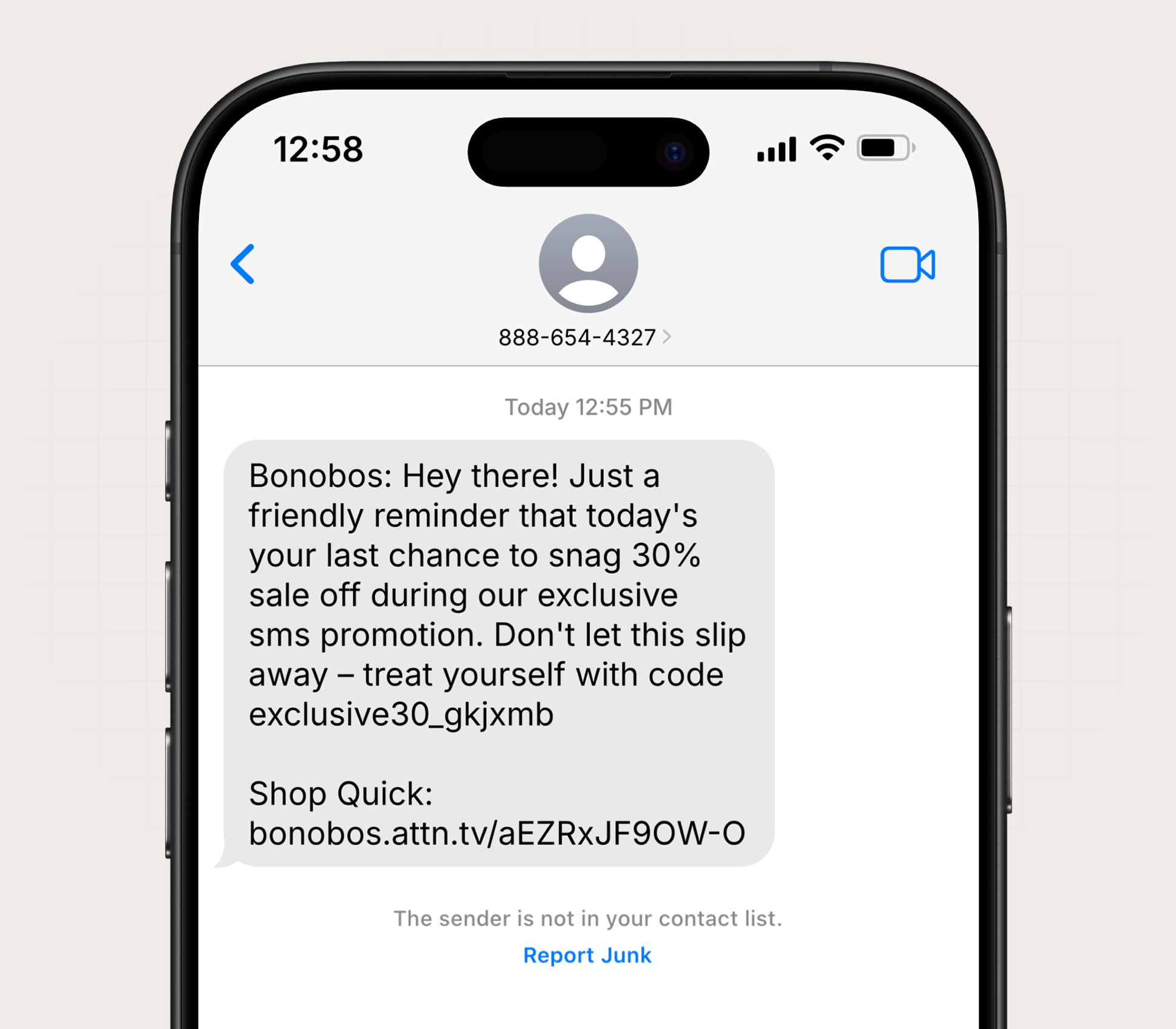 An effective promotional SMS message from Bonobos