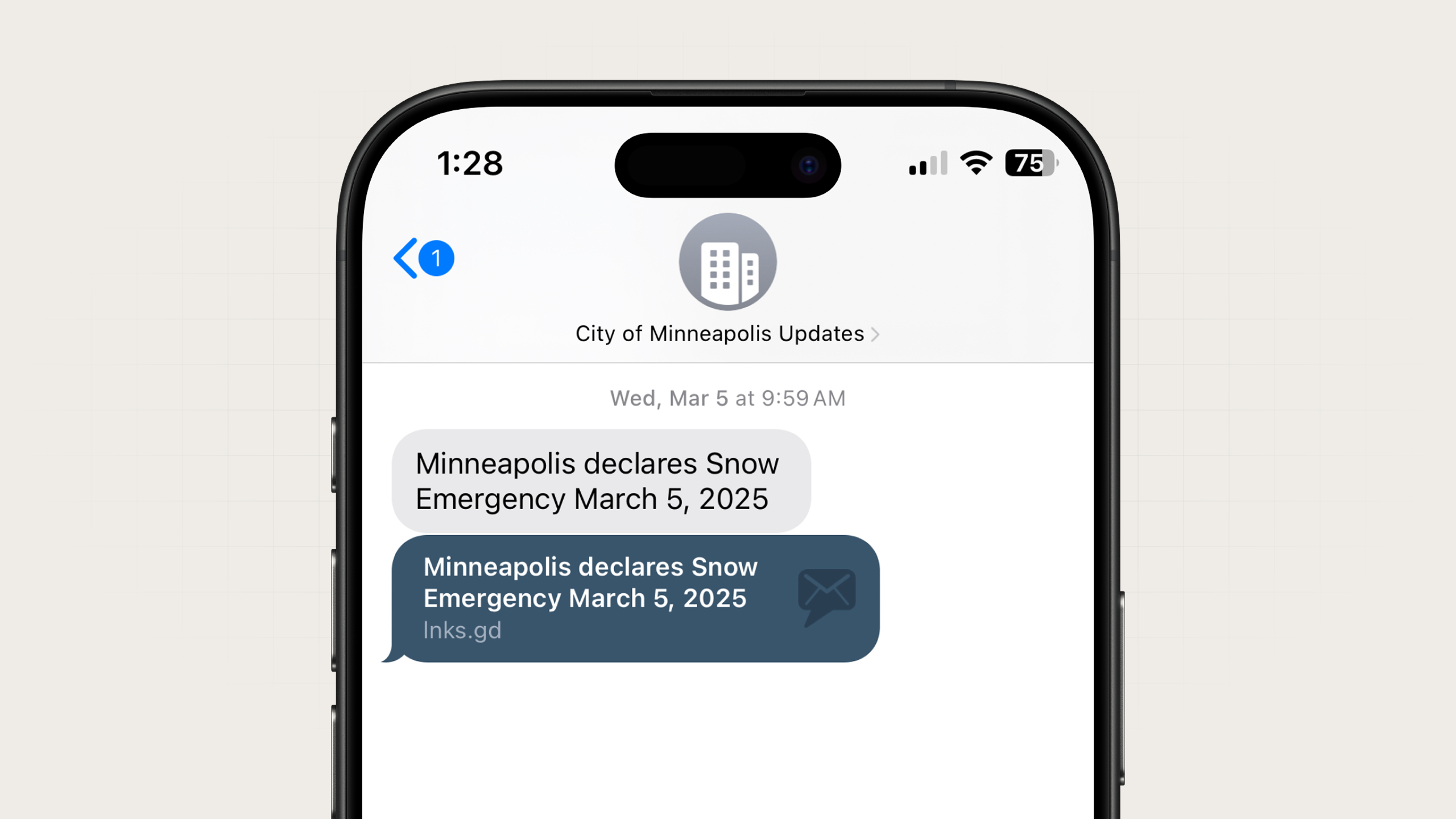 An emergency SMS message from the City of Minneapolis