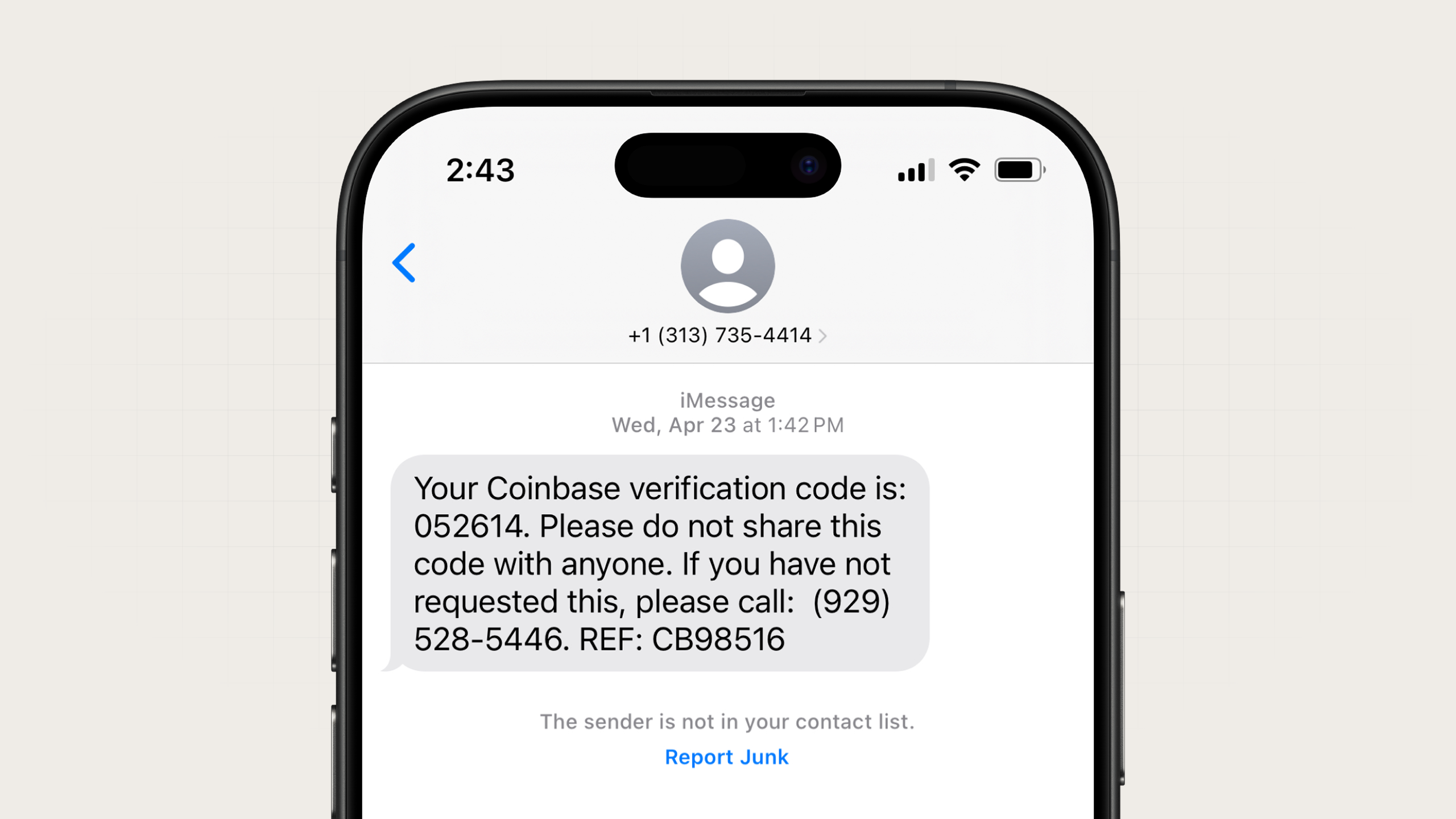 An effective authentication SMS message from Coinbase
