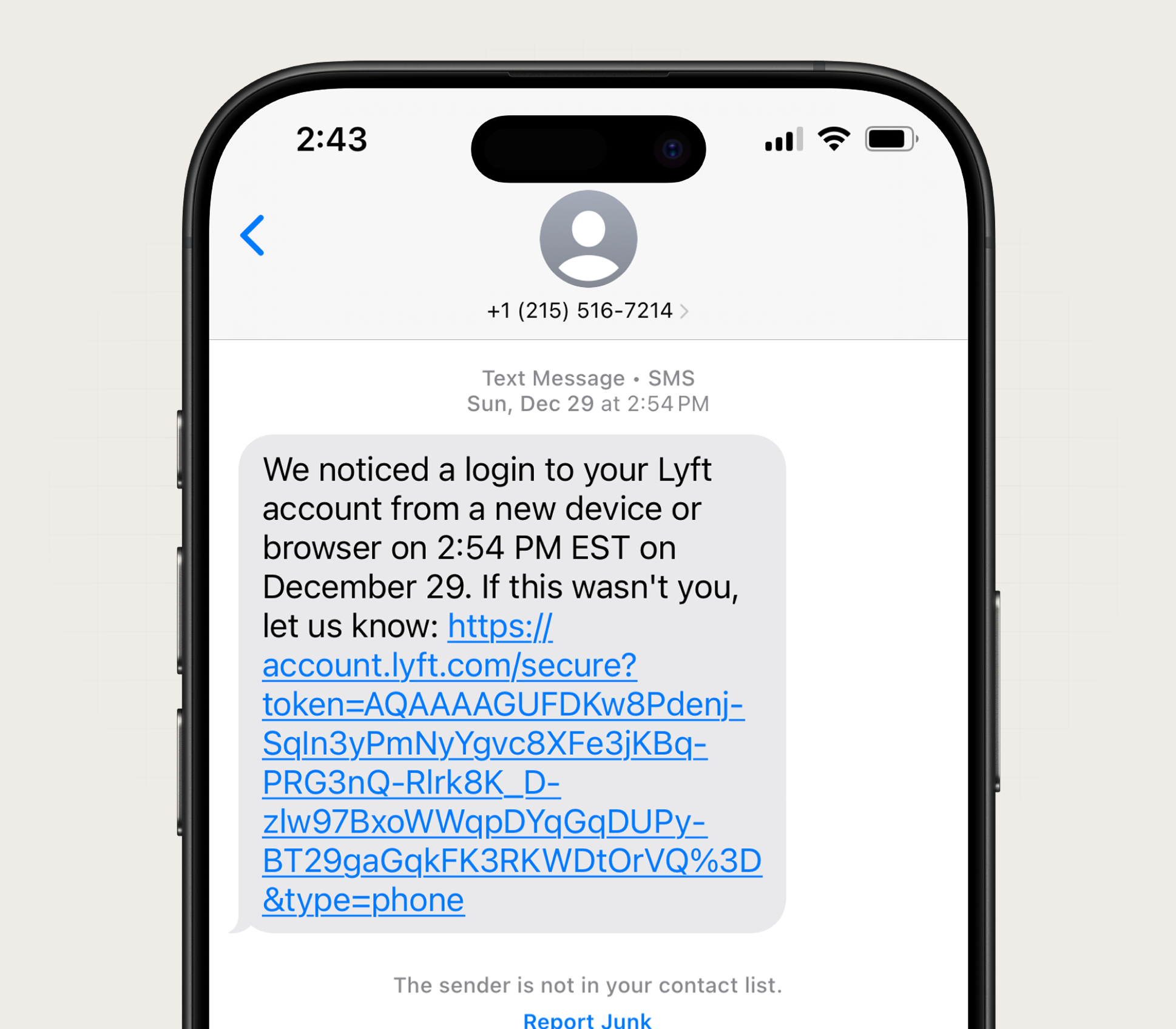 An effective security SMS message from Lyft