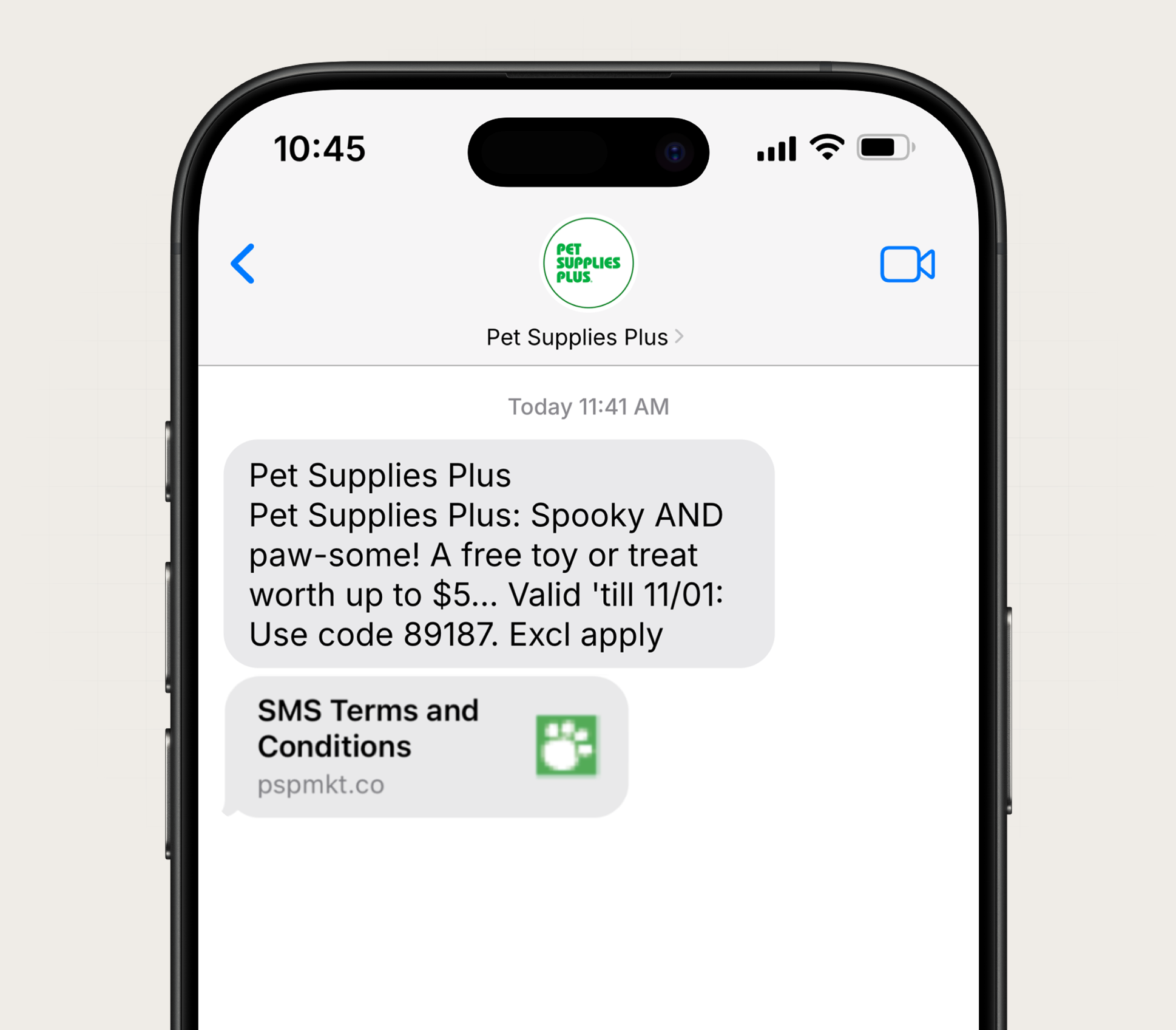 An effective promotional SMS message from Pet Supplies Plus