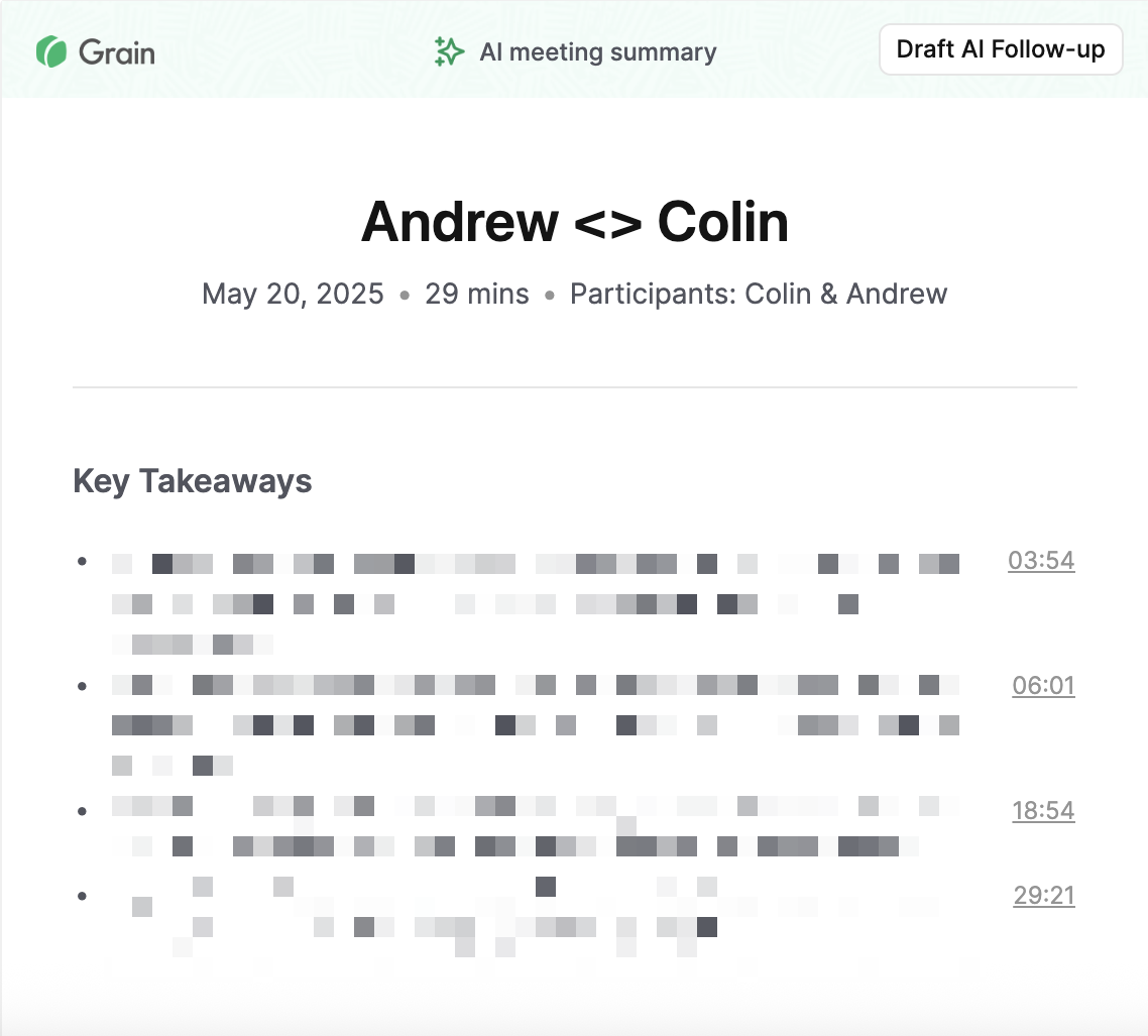 A meeting summary email from Grain