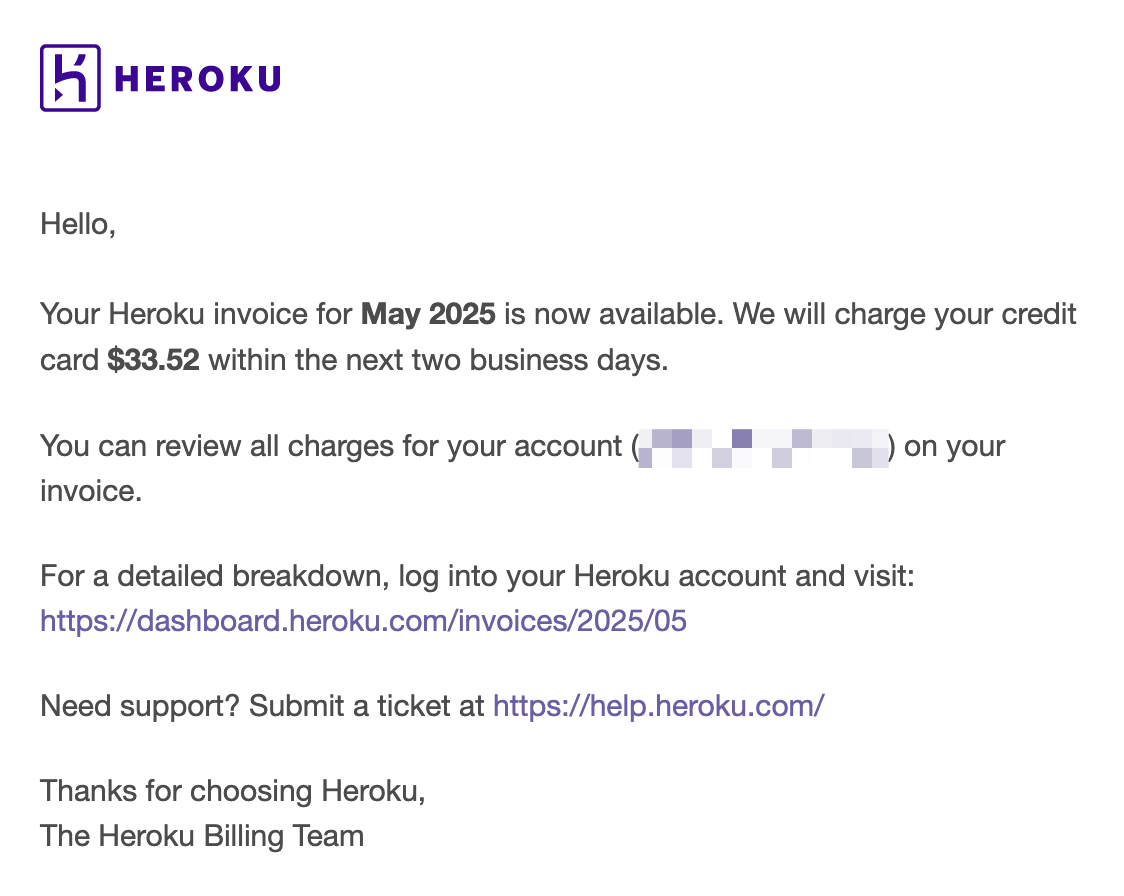 A billing email from Heroku