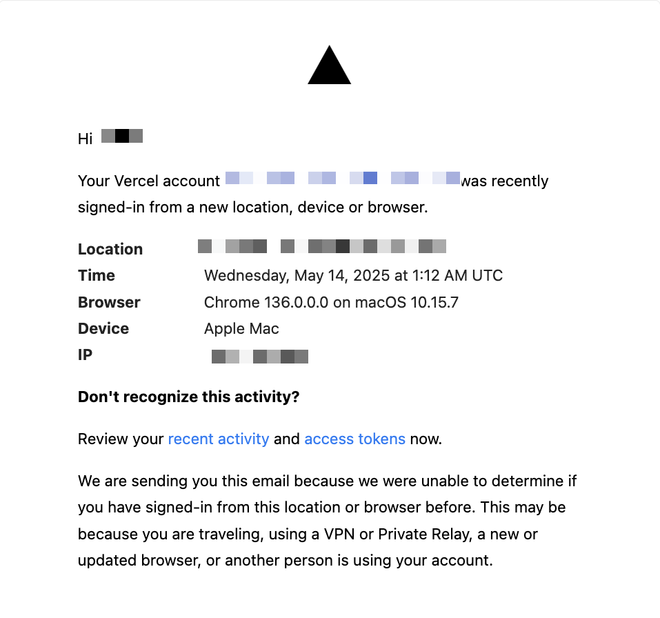 An account login notification from Vercel